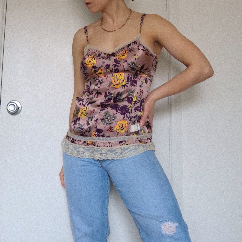 ODD MOLLY Silk Floral Lace Trim Tank Top